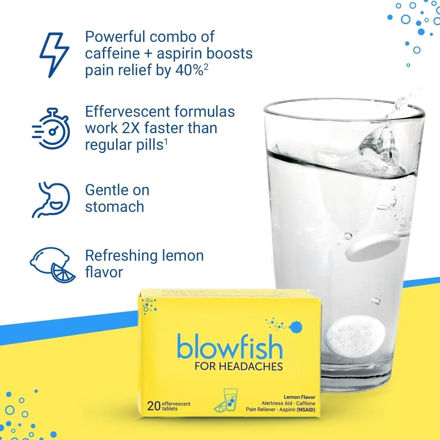 Blowfish for Headaches | Maximum Strength Effervescent Pain Relief Tablets – Treats Headaches Fast, 2X Faster Than Pills – Lemon Flavor (2 Pack) - TrustMedUSA