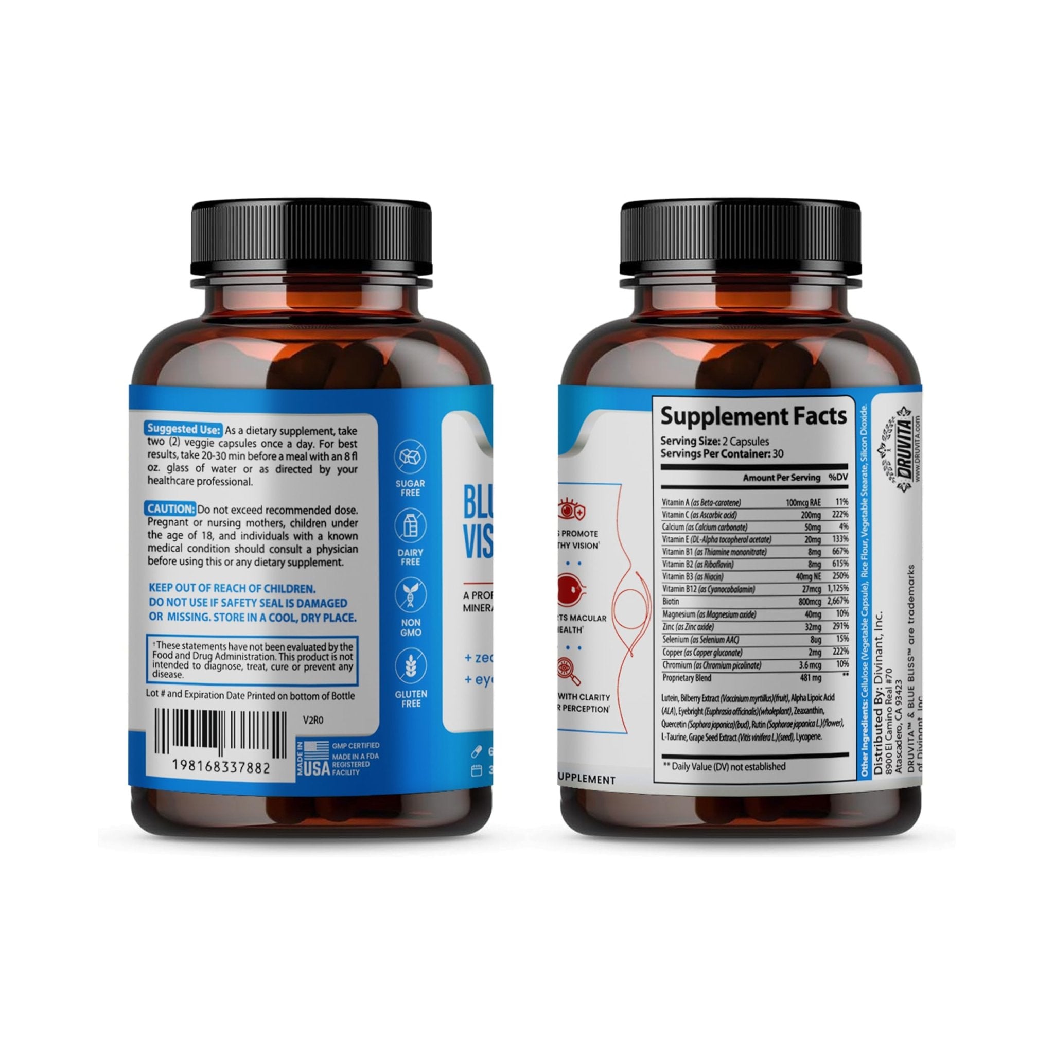 Blue Bliss Vision Support - Eye Vitamins with Lutein, Biotin, Bilberry and Zeaxanthin - Vitamin Supplement for Vision Health and Preservation for Adults Seniors 60 Veggie Capsules 30 Day Supply - TrustMedUSA