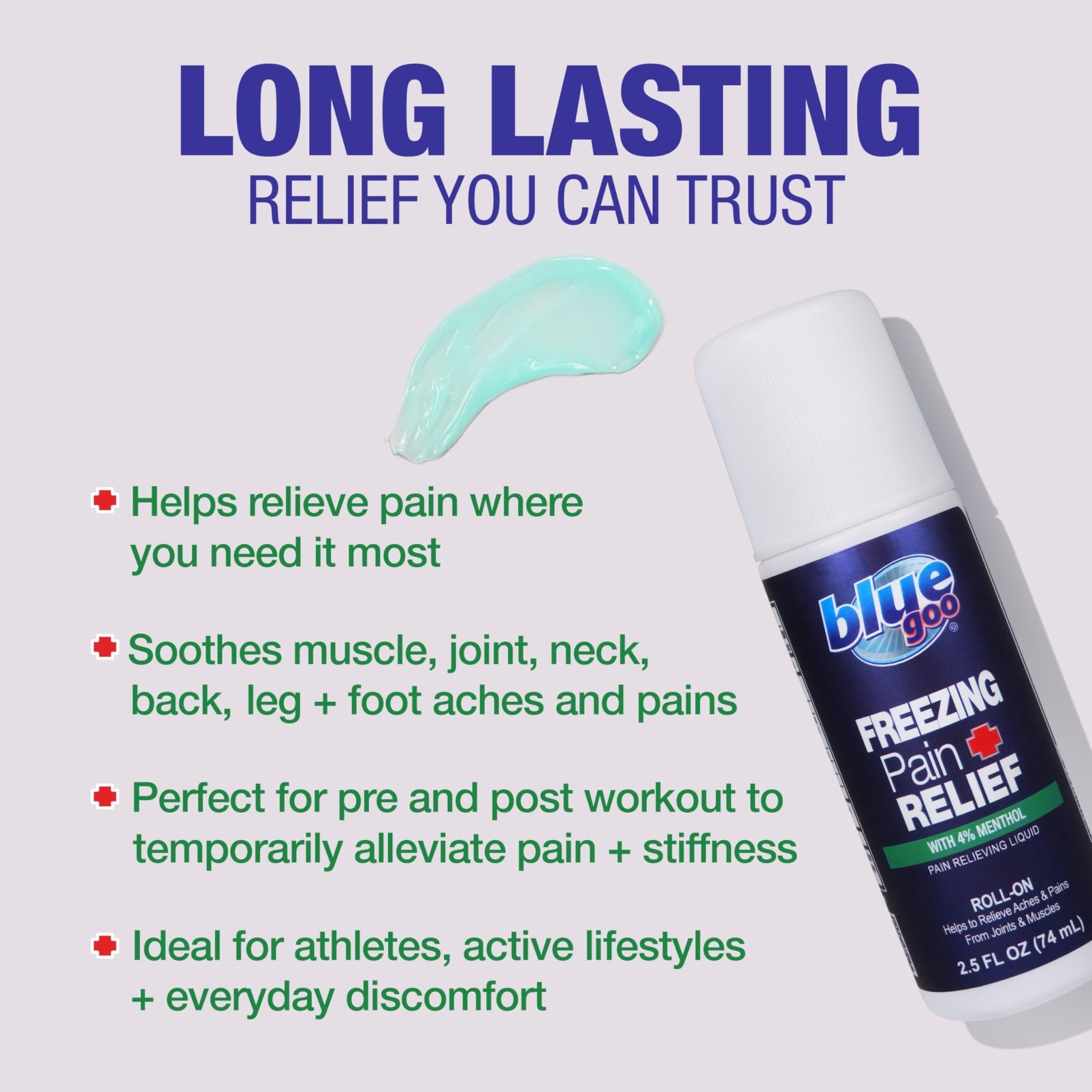Blue Goo Pain Relieving Menthol Roll On - Fast-Acting Muscle & Joint Pain Relief - 2 x 2.5 oz - TrustMedUSA