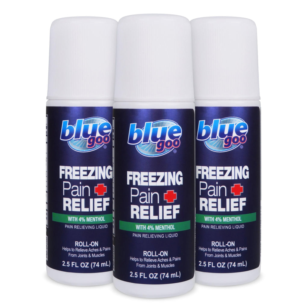 Blue Goo Pain Relieving Menthol Roll On – for Back, Neck, Muscle and Joint Pain, Sprains and Strains, Fast-Acting Soothing Cooling Pain Relief Liquid with 4% Menthol, 2.5 oz (3 Pack) - TrustMedUSA