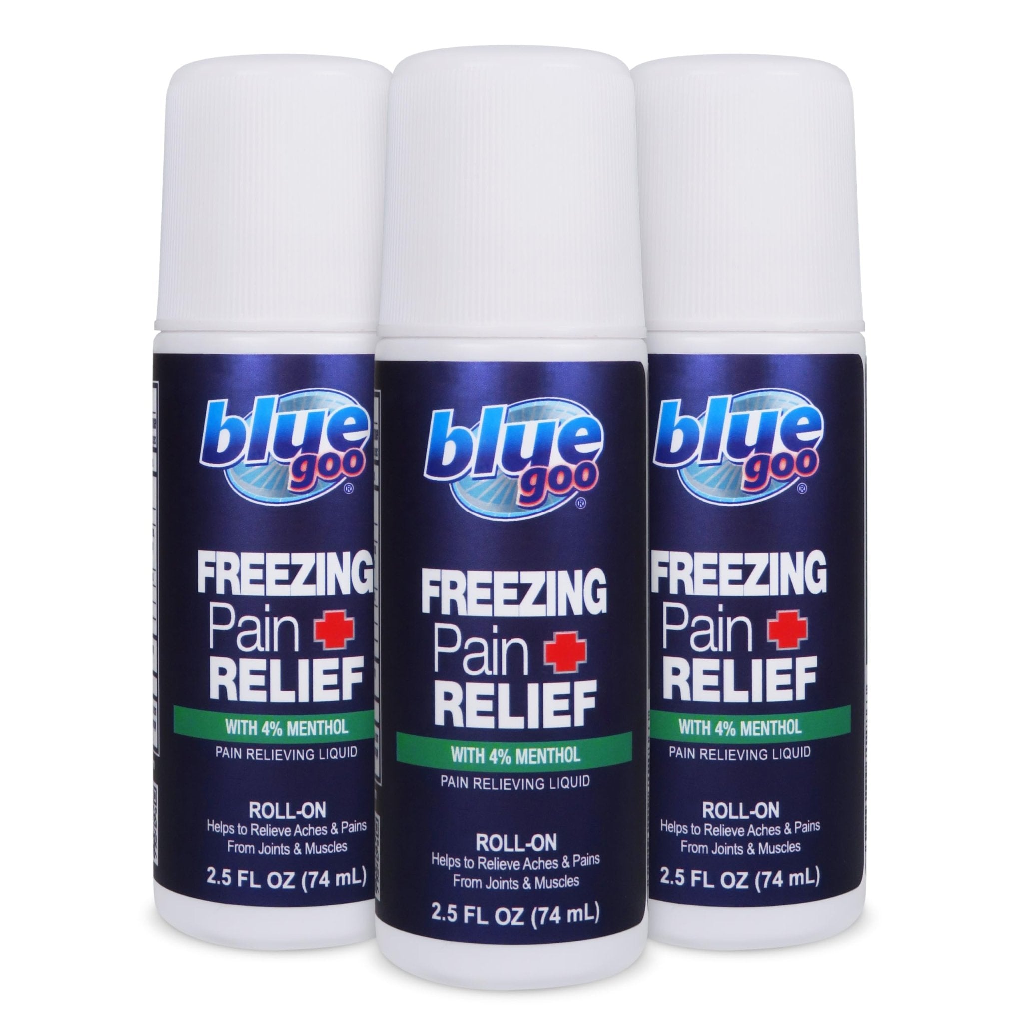 Blue Goo Pain Relieving Menthol Roll On – for Back, Neck, Muscle and Joint Pain, Sprains and Strains, Fast-Acting Soothing Cooling Pain Relief Liquid with 4% Menthol, 2.5 oz (3 Pack) - TrustMedUSA
