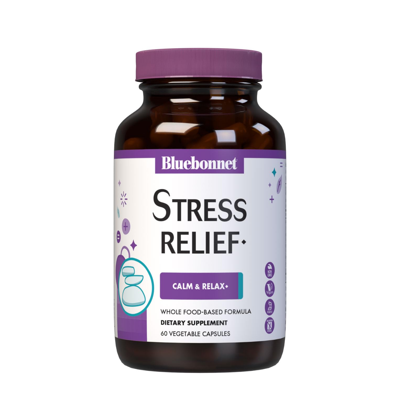 BlueBonnet Targeted Choice Stress Relief Whole Food Based Ashwagandha Extract, L-Theanine, Lemon Balm, Rhodiola Relaxing Calm Mood Supplement for Women & Men - Non-GMO, Vegan - 60 Vegetable Capsules - TrustMedUSA