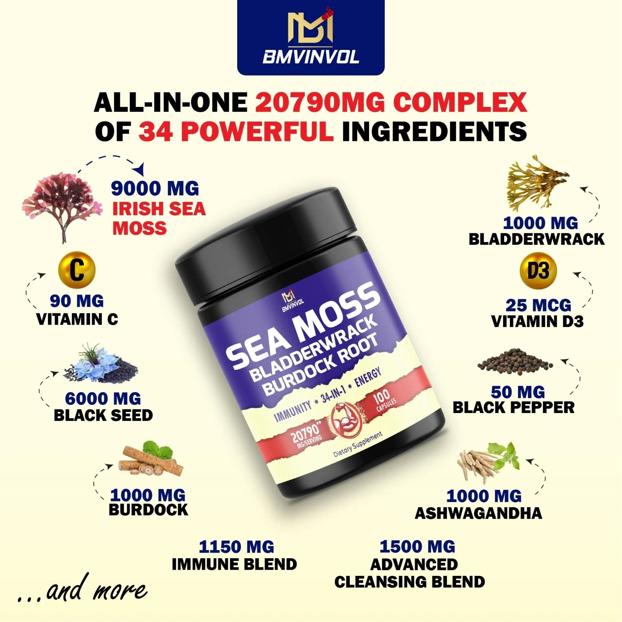 BMVINVOL 100 Capsules - Sea Moss Capsules 20790mg with Bladderwrack, Burdock - TrustMedUSA