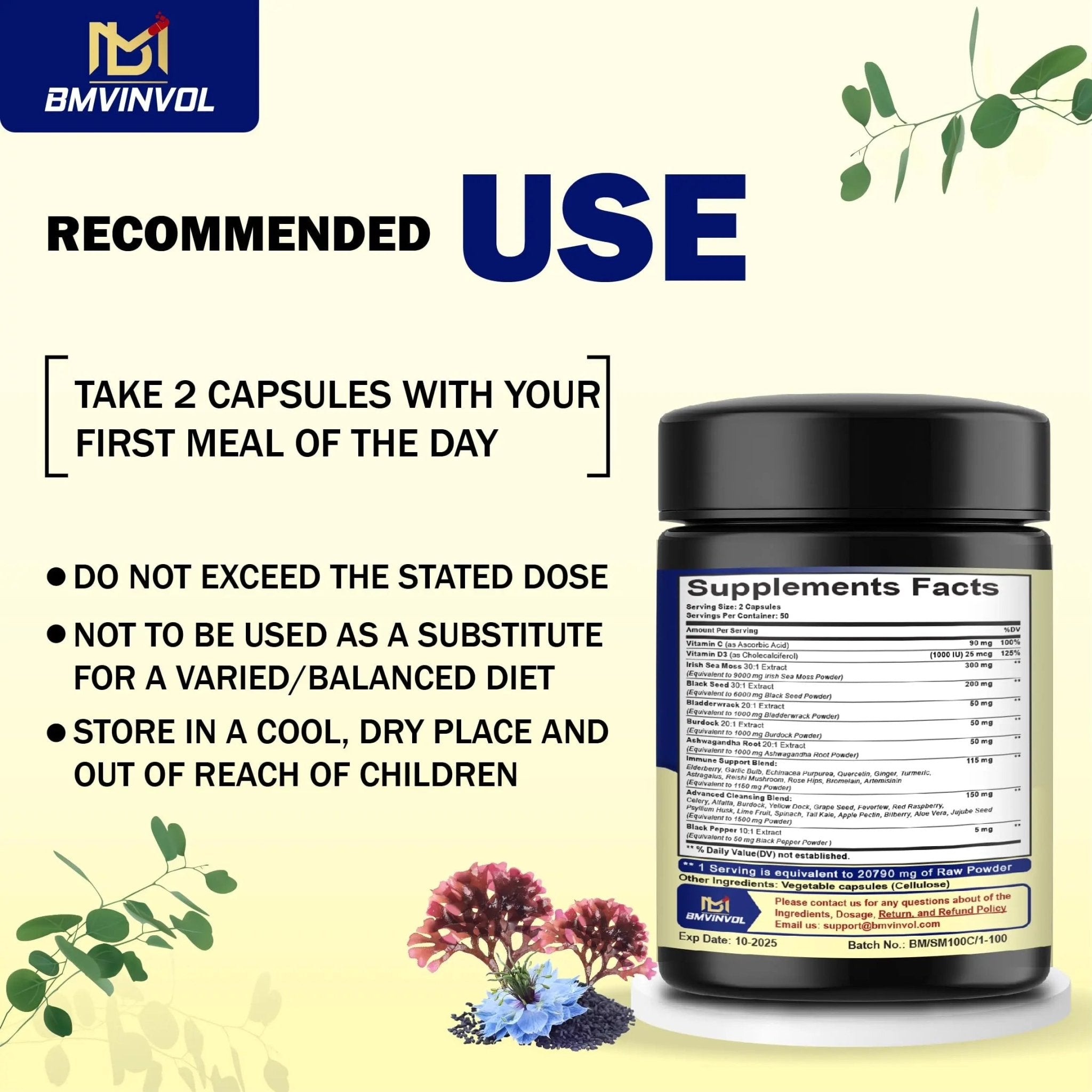 BMVINVOL 100 Capsules - Sea Moss Capsules 20790mg with Bladderwrack, Burdock - TrustMedUSA