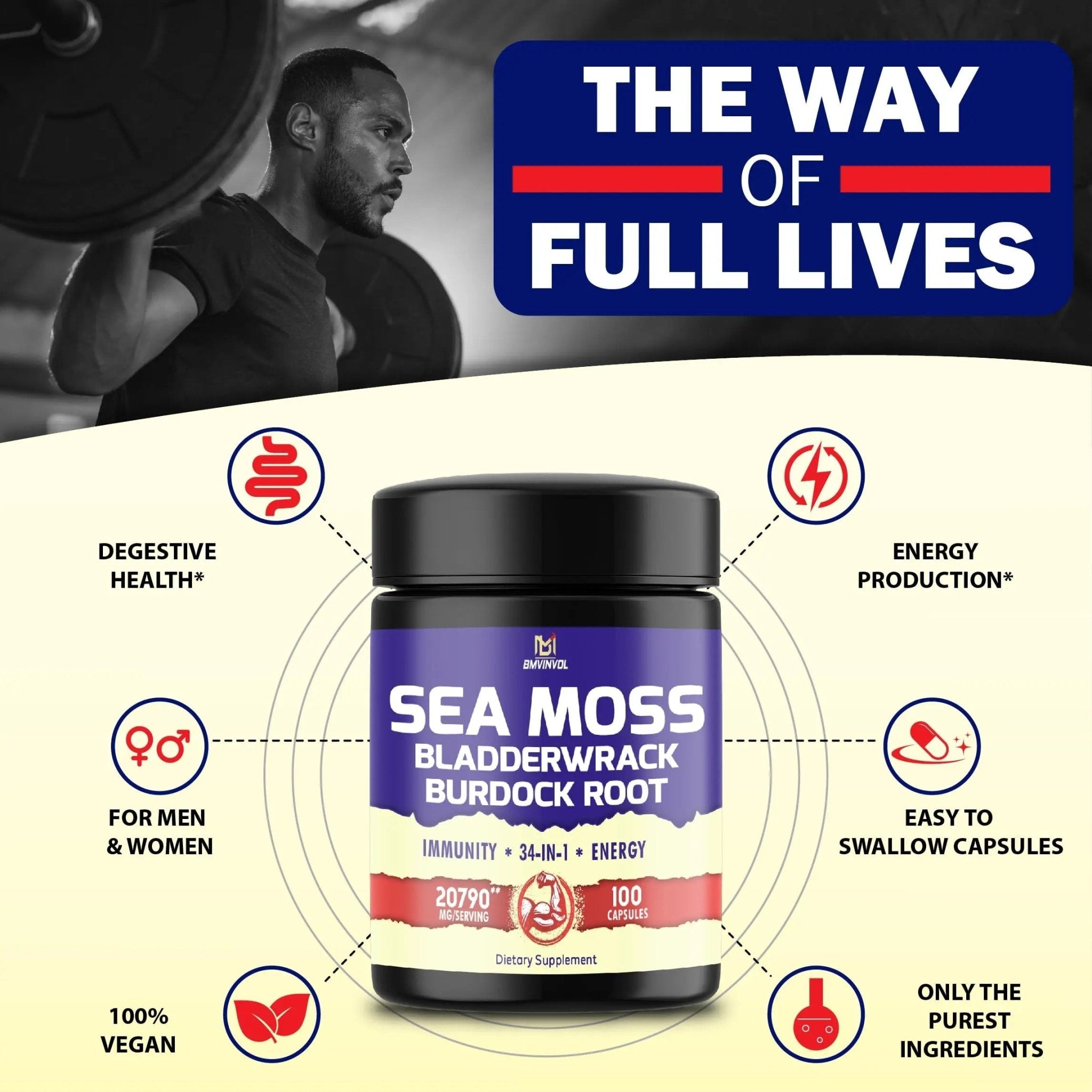 BMVINVOL 100 Capsules - Sea Moss Capsules 20790mg with Bladderwrack, Burdock - TrustMedUSA