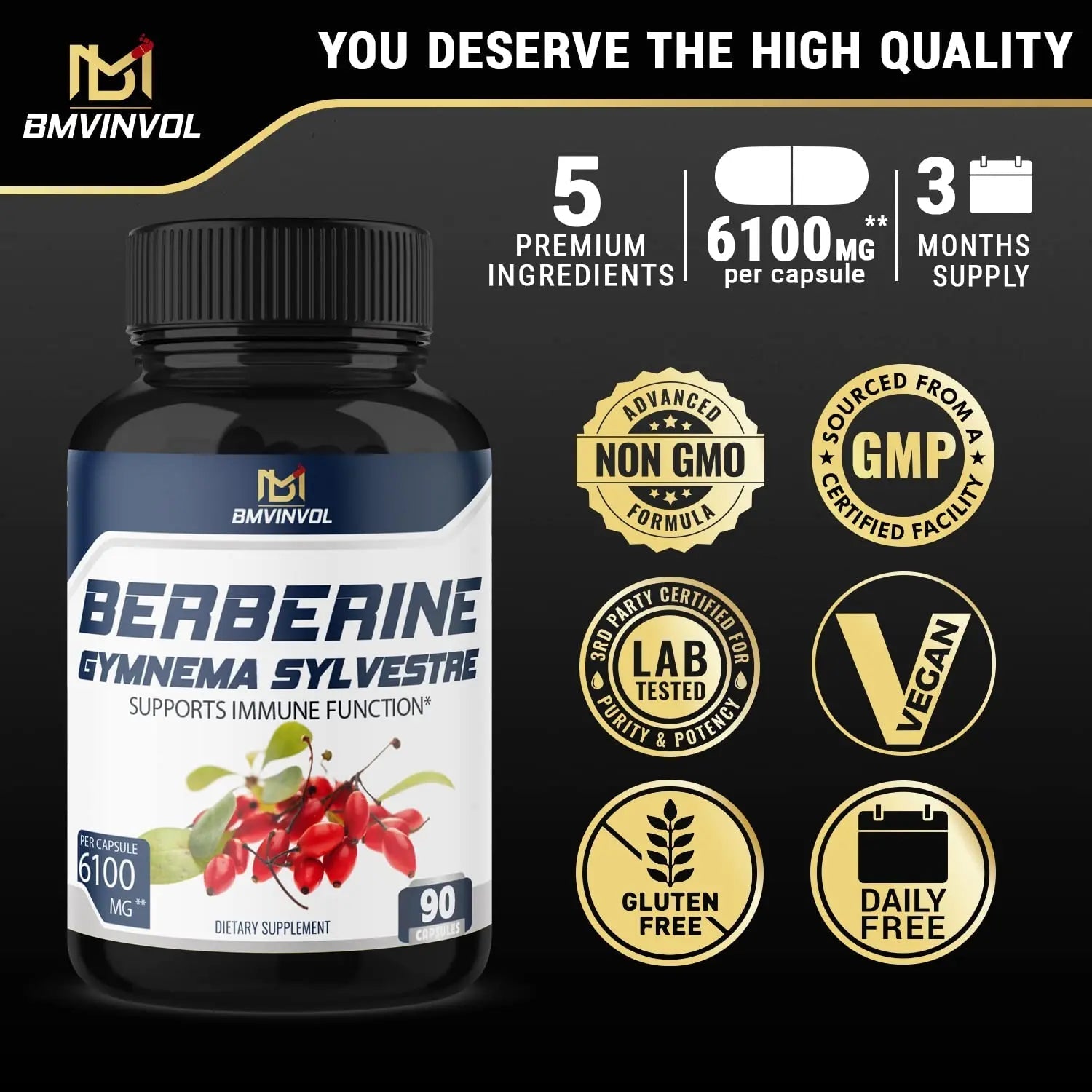 BMVINVOL 5-in-1 Berberine Supplement 6100mg with Ceylon Cinnamon, Gymnema - TrustMedUSA