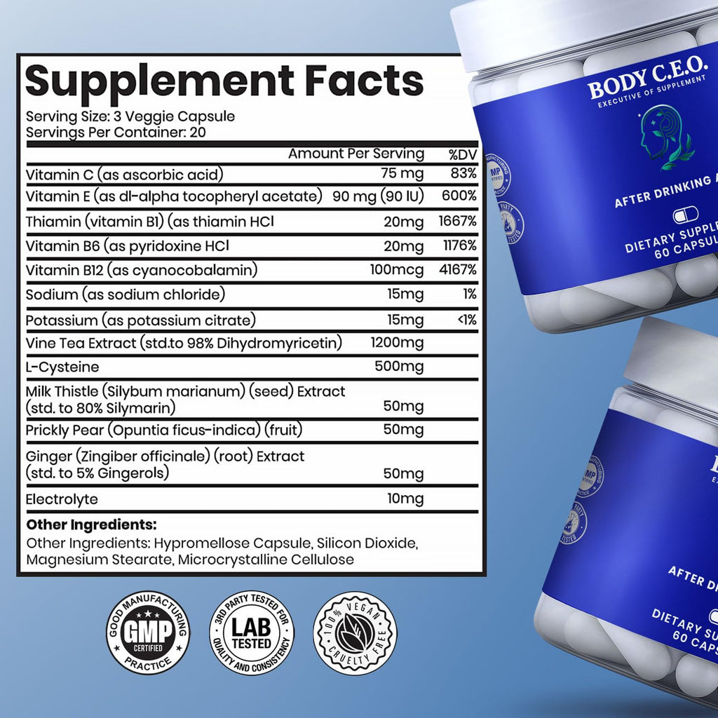 Body C.E.O. After Drinking Aid - Electrolyte Balance & Recovery - DHM (Dihydromyricetin), L-Cysteine, Prickly Pear, Milk Thistle, Zinger, Vitamin-B for Recovery - Filler-Free Formula - 60 Capsules - Maple Wellness Supplements