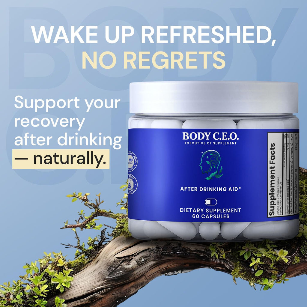 Body C.E.O. After Drinking Aid - Electrolyte Balance & Recovery - DHM (Dihydromyricetin), L-Cysteine, Prickly Pear, Milk Thistle, Zinger, Vitamin-B for Recovery - Filler-Free Formula - 60 Capsules - Maple Wellness Supplements