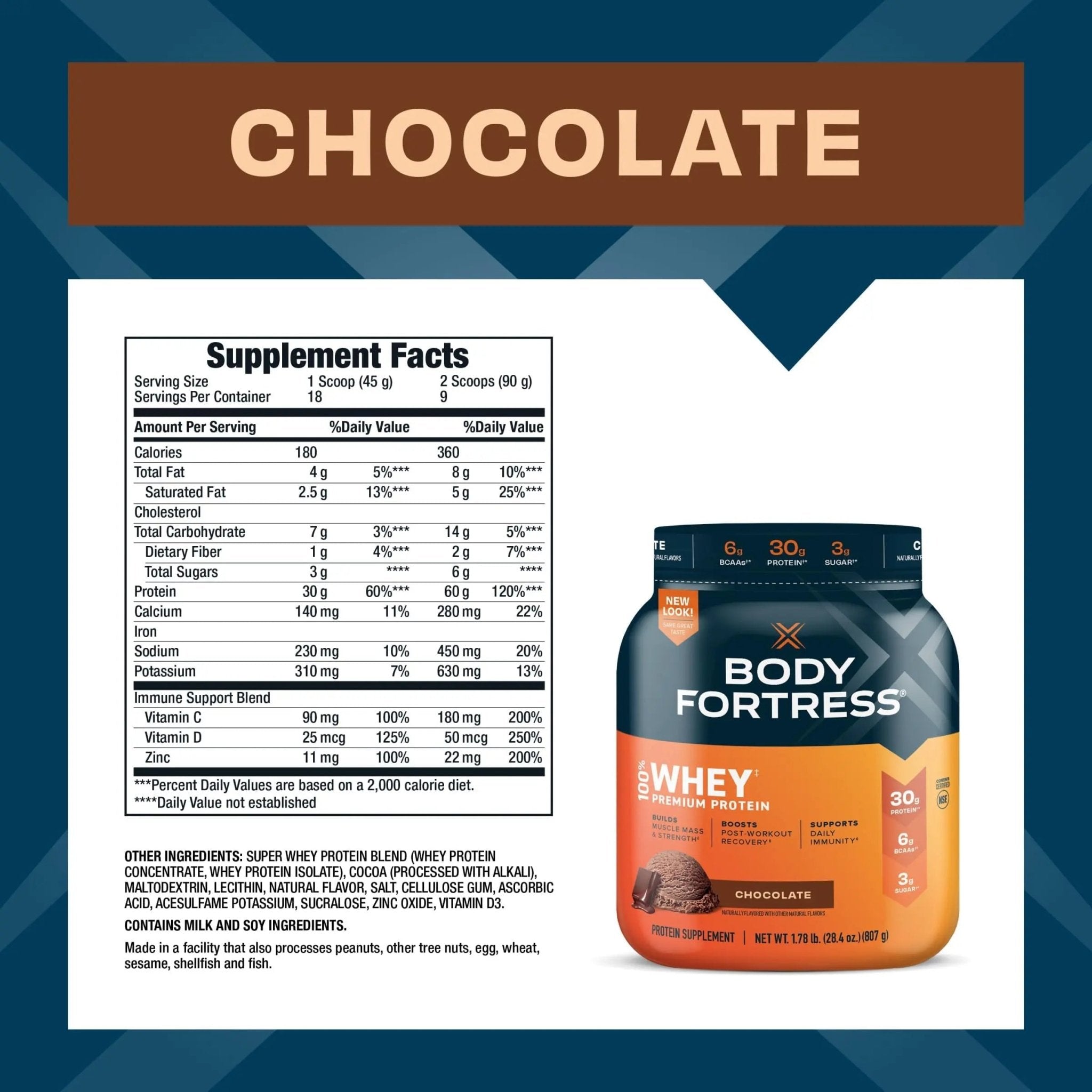 Body Fortress 100% Whey, Premium Protein Powder, Chocolate, 1.78lbs, Packaging May - TrustMedUSA
