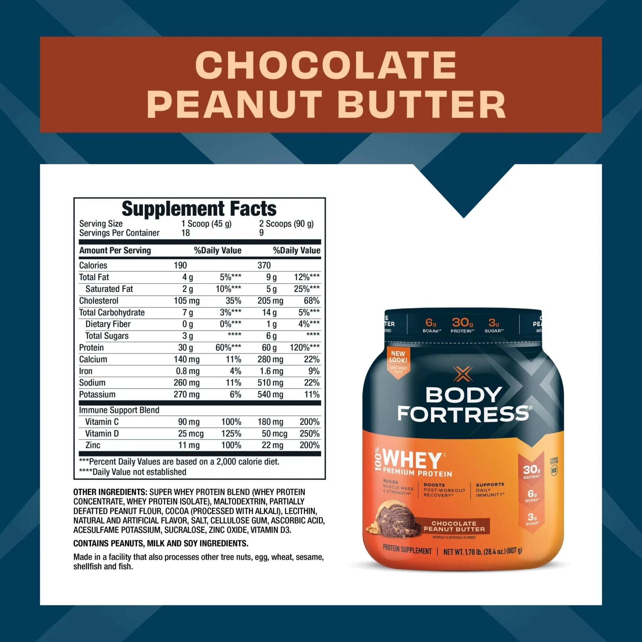 Body Fortress 100% Whey, Premium Protein Powder, Chocolate Peanut Butter, 1.78lbs - TrustMedUSA