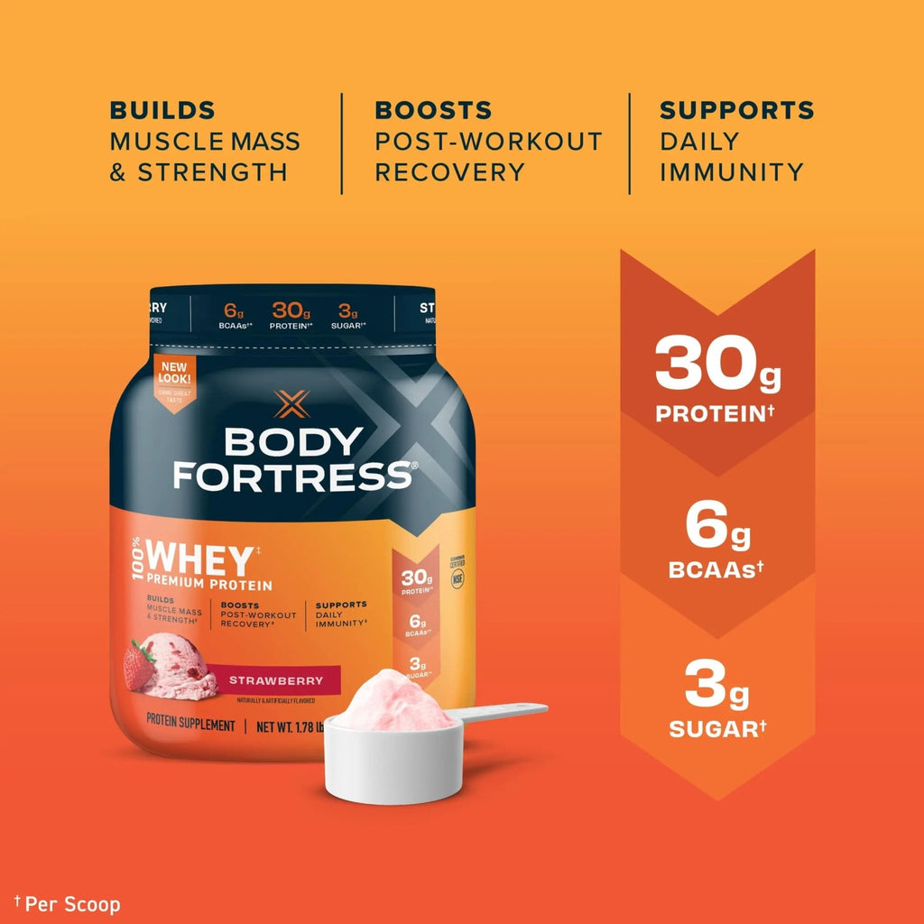 Body Fortress 100% Whey, Premium Protein Powder, Strawberry, 1.78lbs Packaging May - TrustMedUSA
