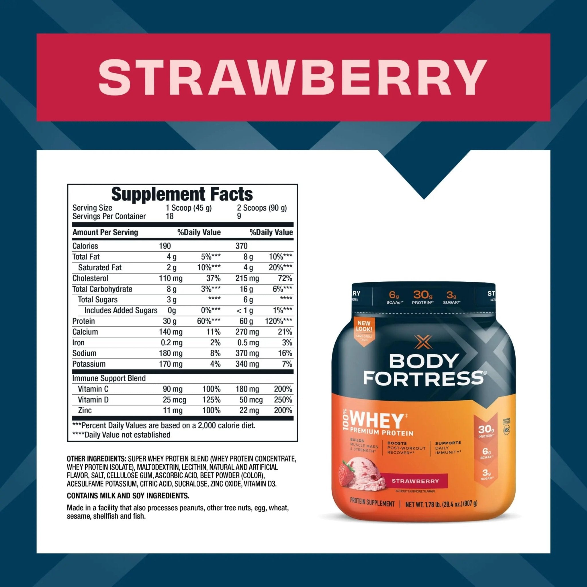 Body Fortress 100% Whey, Premium Protein Powder, Strawberry, 1.78lbs Packaging May - TrustMedUSA
