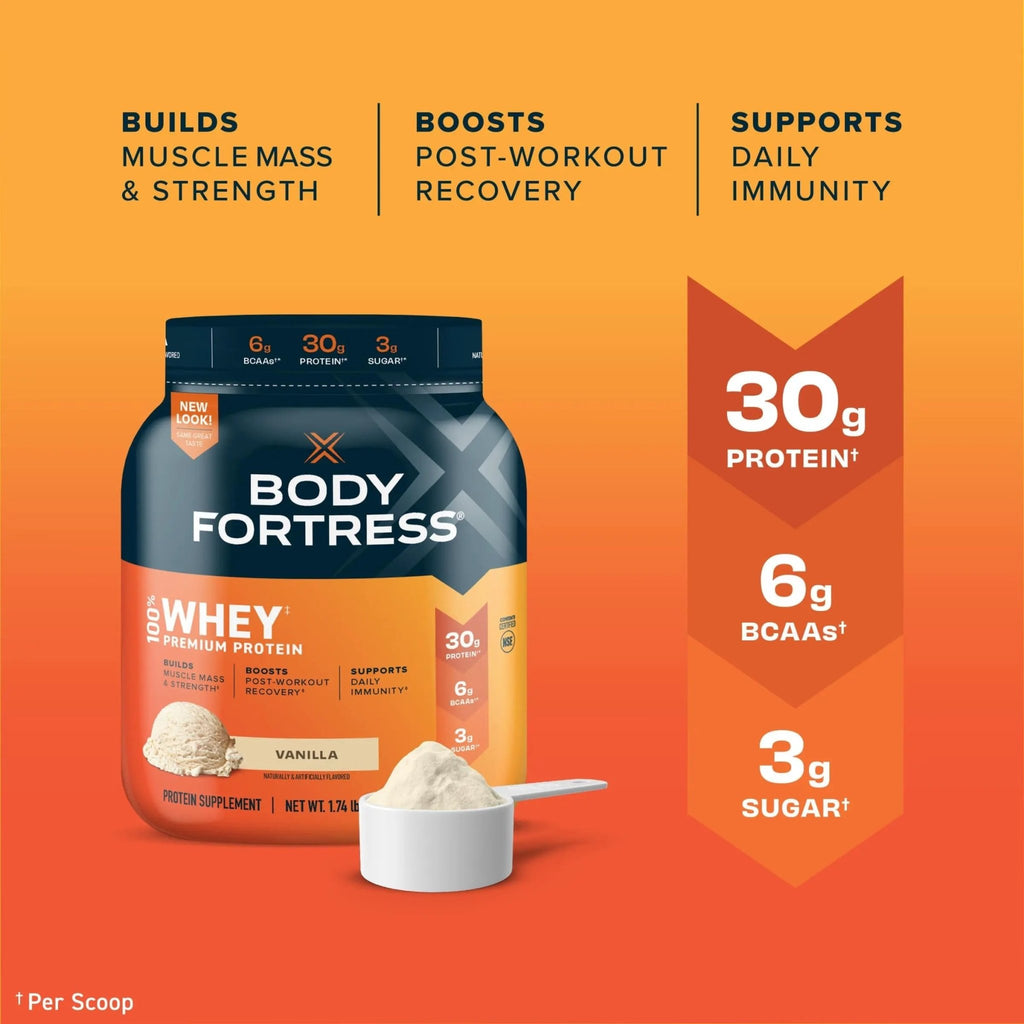Body Fortress 100% Whey, Premium Protein Powder, Vanilla, 1.74lbs (Packaging May Vary) - TrustMedUSA