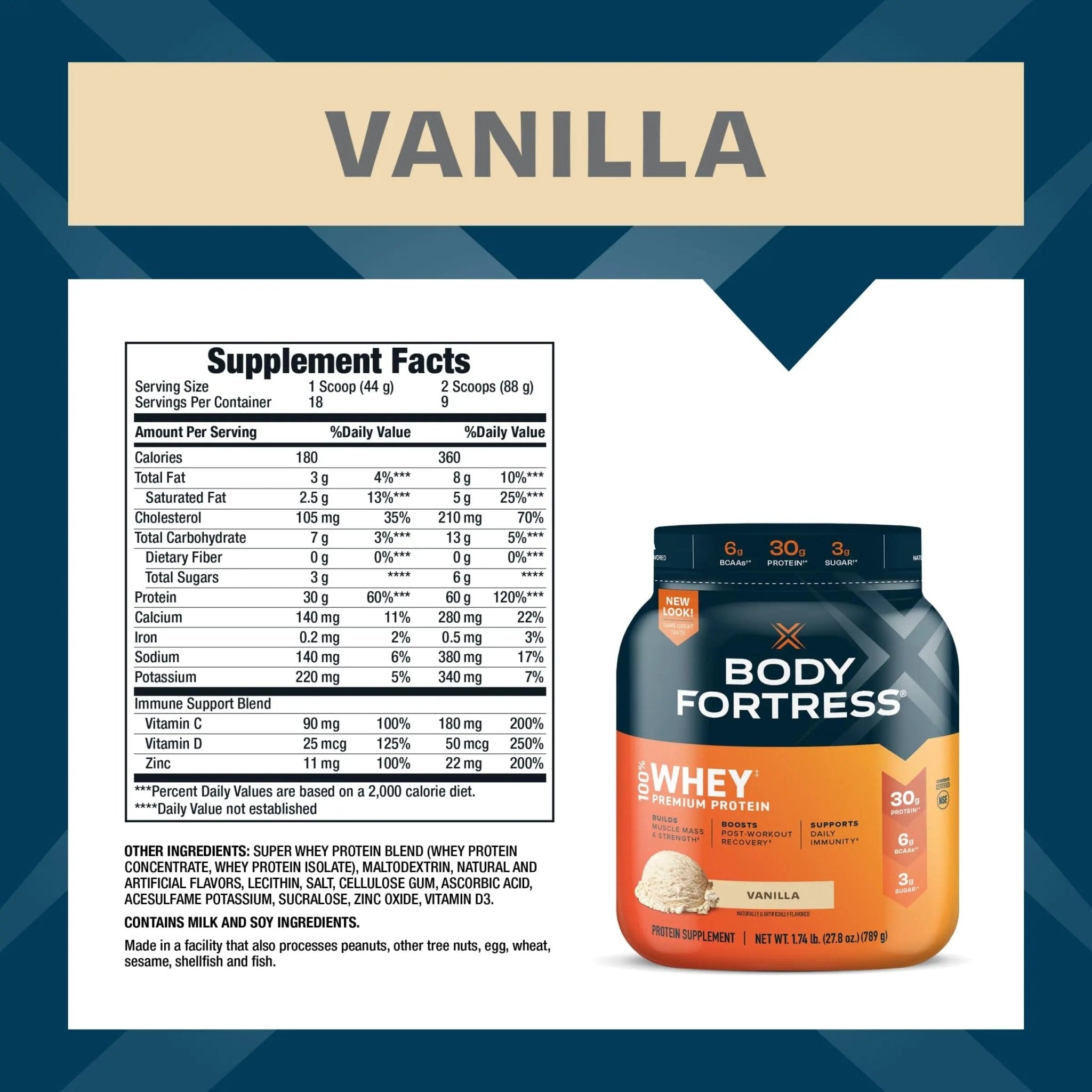 Body Fortress 100% Whey, Premium Protein Powder, Vanilla, 1.74lbs (Packaging May Vary) - TrustMedUSA