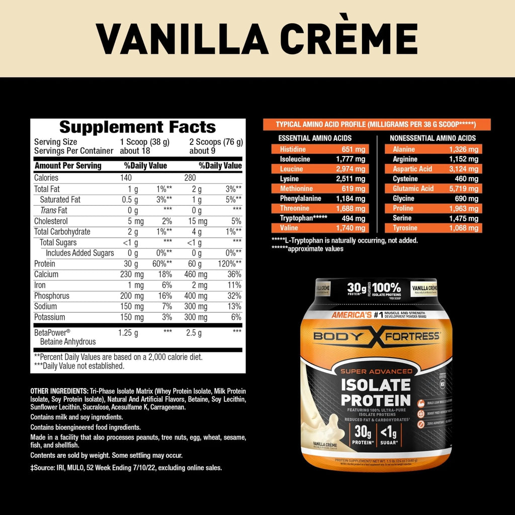 Body Fortress Super Advanced Isolate Protein Powder, Gluten Free, Vanilla Creme Flavored - TrustMedUSA