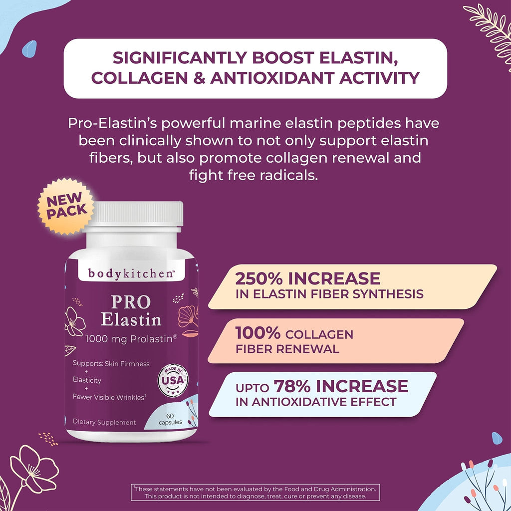 Body Kitchen Pro-Elastin, 1000 mg Elastin Supplement, Help Reduce Signs of Aging, Improved Skin Health, Firmness & Elasticity, Fewer Wrinkles, Veggie Caps, (Pack of 1) - Maple Wellness Supplements