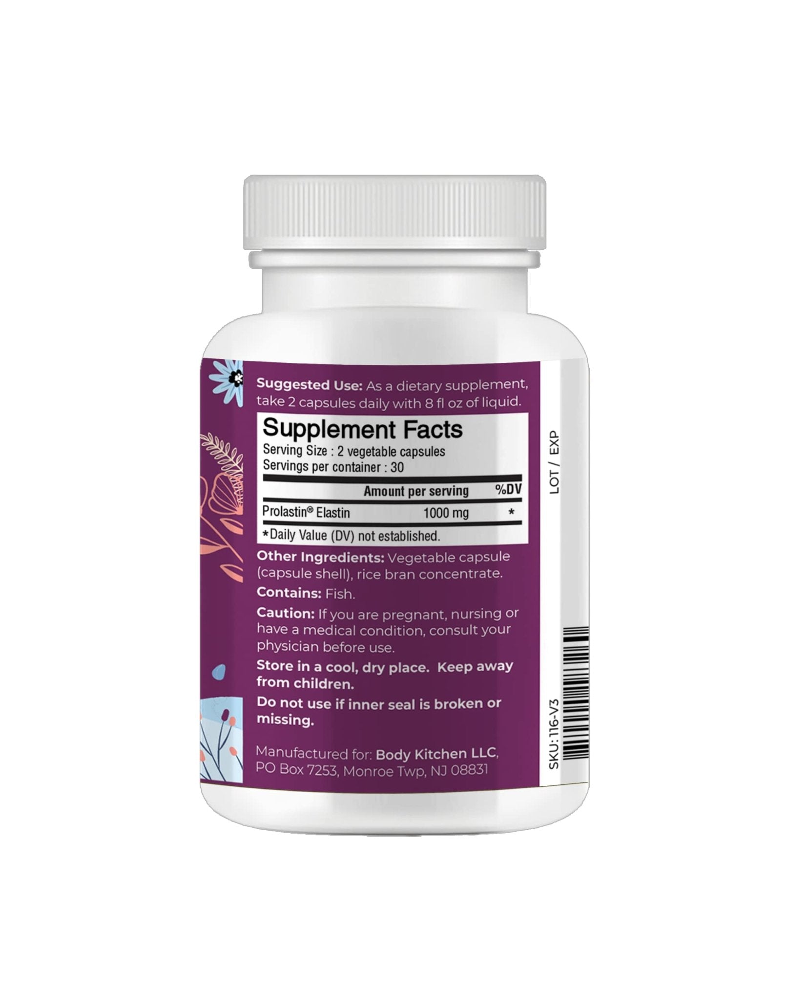 Body Kitchen Pro-Elastin, 1000 mg Elastin Supplement, Help Reduce Signs of Aging, Improved Skin Health, Firmness & Elasticity, Fewer Wrinkles, Veggie Caps, (Pack of 2) - Maple Wellness Supplements