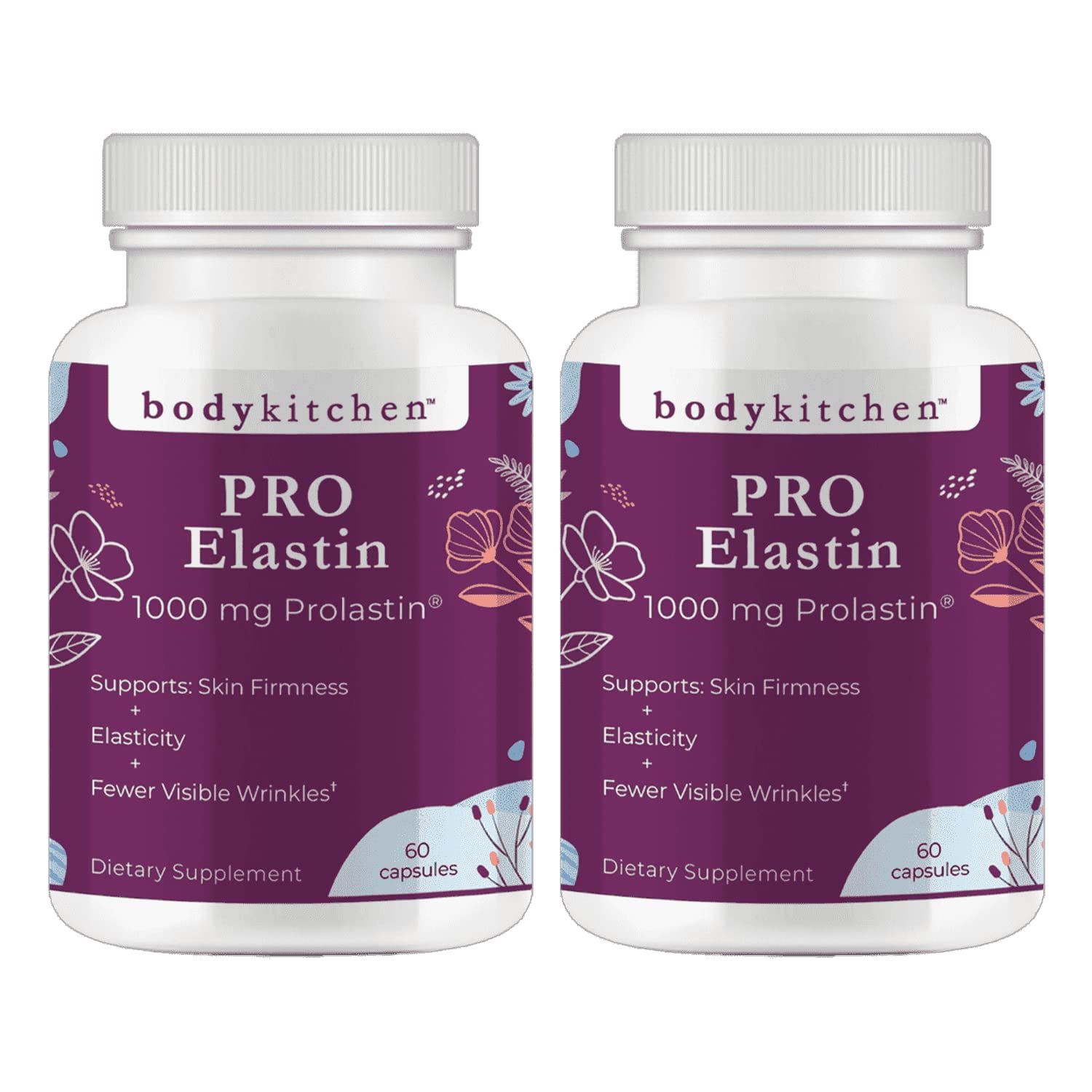 Body Kitchen Pro-Elastin, 1000 mg Elastin Supplement, Help Reduce Signs of Aging, Improved Skin Health, Firmness & Elasticity, Fewer Wrinkles, Veggie Caps, (Pack of 2) - Maple Wellness Supplements