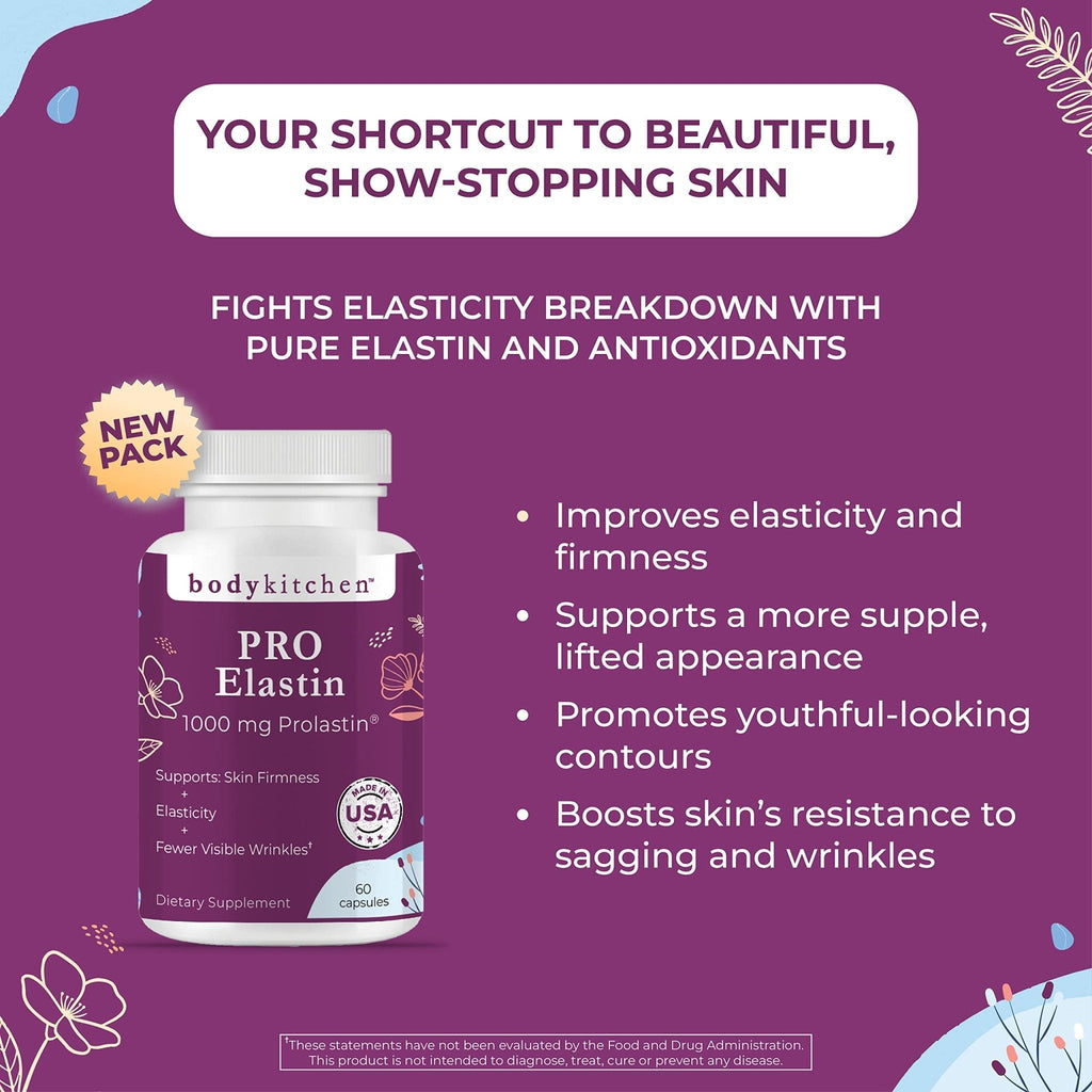 Body Kitchen Pro-Elastin, 1000 mg Elastin Supplement, Help Reduce Signs of Aging, Improved Skin Health, Firmness & Elasticity, Fewer Wrinkles, Veggie Caps, (Pack of 2) - Maple Wellness Supplements