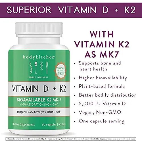 Body Kitchen Vegan Plant-Based Vitamin D3 + K2 (MK7) Supplement, Bone and Heart - TrustMedUSA