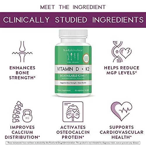Body Kitchen Vegan Plant-Based Vitamin D3 + K2 (MK7) Supplement, Bone and Heart - TrustMedUSA