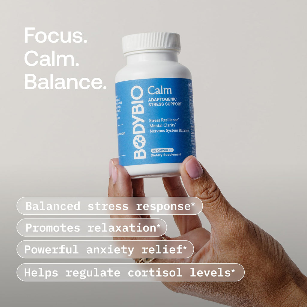 BodyBio Calm - Natural Stress Relief Blend with Rhodiola, Glycine & Phosphatidylserine - Supports Relaxation, Mental Focus & Balanced Cortisol - Non - Drowsy Formula - TrustMedUSA
