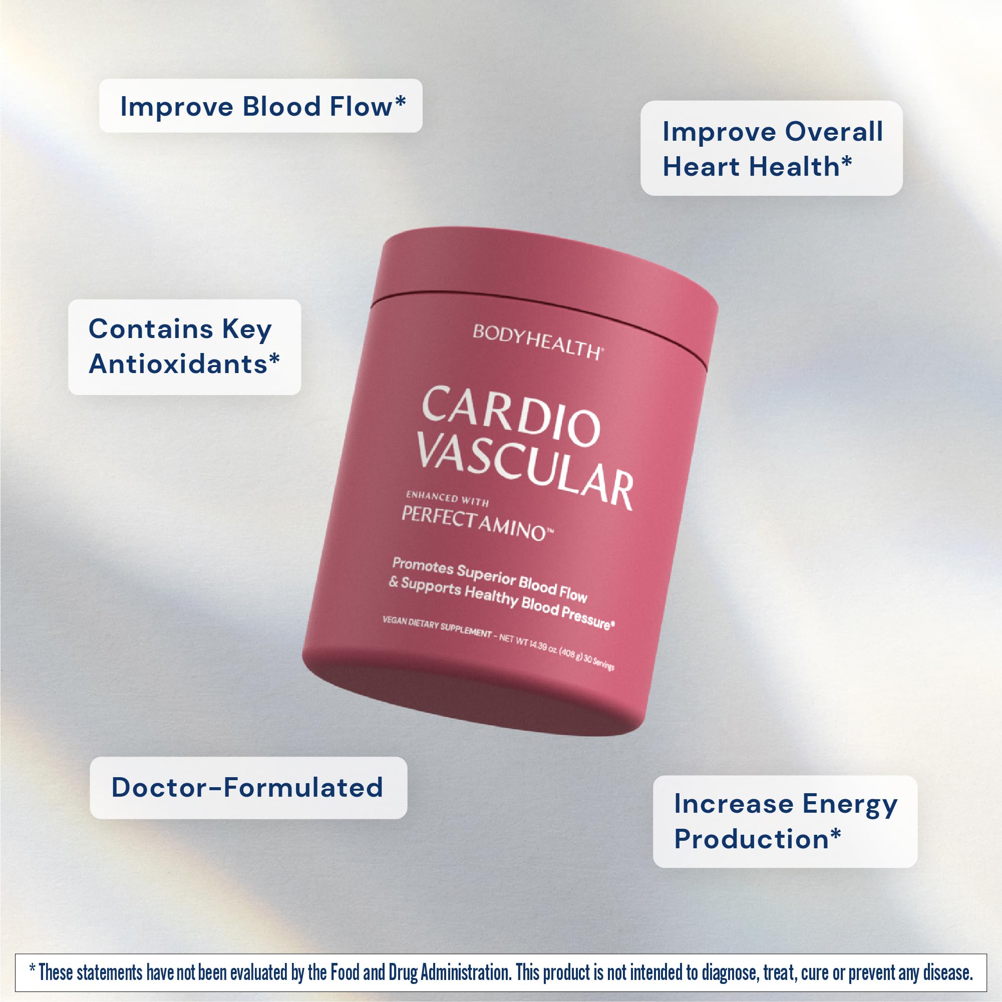 BodyHealth Cardio Vascular with PerfectAmino, Blood Flow and Heart Health Supplement Support with CoQ10, Nicotinamide Riboside, Resveratrol and D-Ribose, Chocolate Flavor, 30 Servings - TrustMedUSA