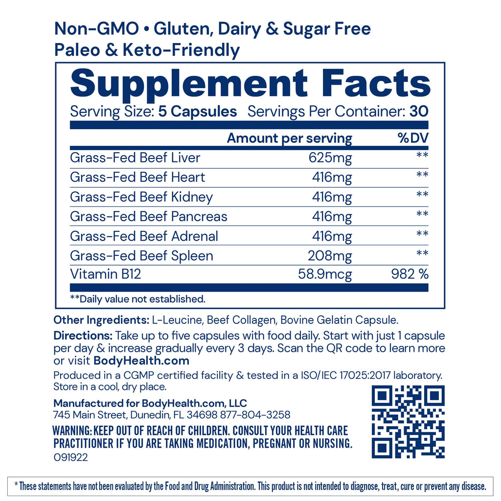 BodyHealth Organ+ Grass-Fed Glandular Organ Complex, Grassfed Beef Organ Supplement, Dessicated Beef Liver, Heart, Kidney, Pancreas, Spleen, Non GMO, Adrenal, Supplement, (150 Capsules) - TrustMedUSA