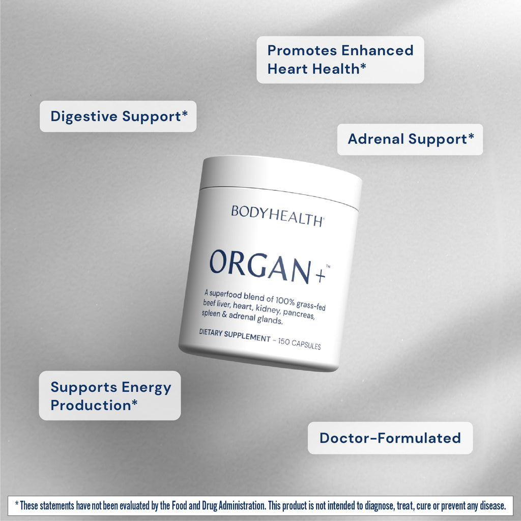 BodyHealth Organ+ Grass-Fed Glandular Organ Complex, Grassfed Beef Organ Supplement, Dessicated Beef Liver, Heart, Kidney, Pancreas, Spleen, Non GMO, Adrenal, Supplement, (150 Capsules) - TrustMedUSA