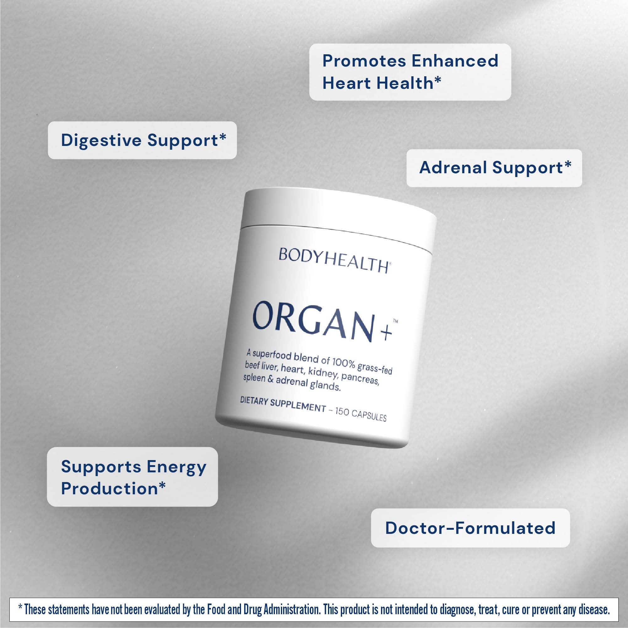 BodyHealth Organ+ Grass-Fed Glandular Organ Complex, Grassfed Beef Organ Supplement, Dessicated Beef Liver, Heart, Kidney, Pancreas, Spleen, Non GMO, Adrenal, Supplement, (150 Capsules) - TrustMedUSA