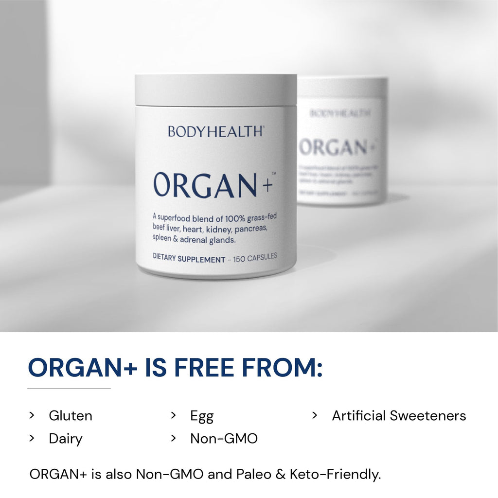 BodyHealth Organ+ Grass-Fed Glandular Organ Complex, Grassfed Beef Organ Supplement, Dessicated Beef Liver, Heart, Kidney, Pancreas, Spleen, Non GMO, Adrenal, Supplement, (150 Capsules) - TrustMedUSA