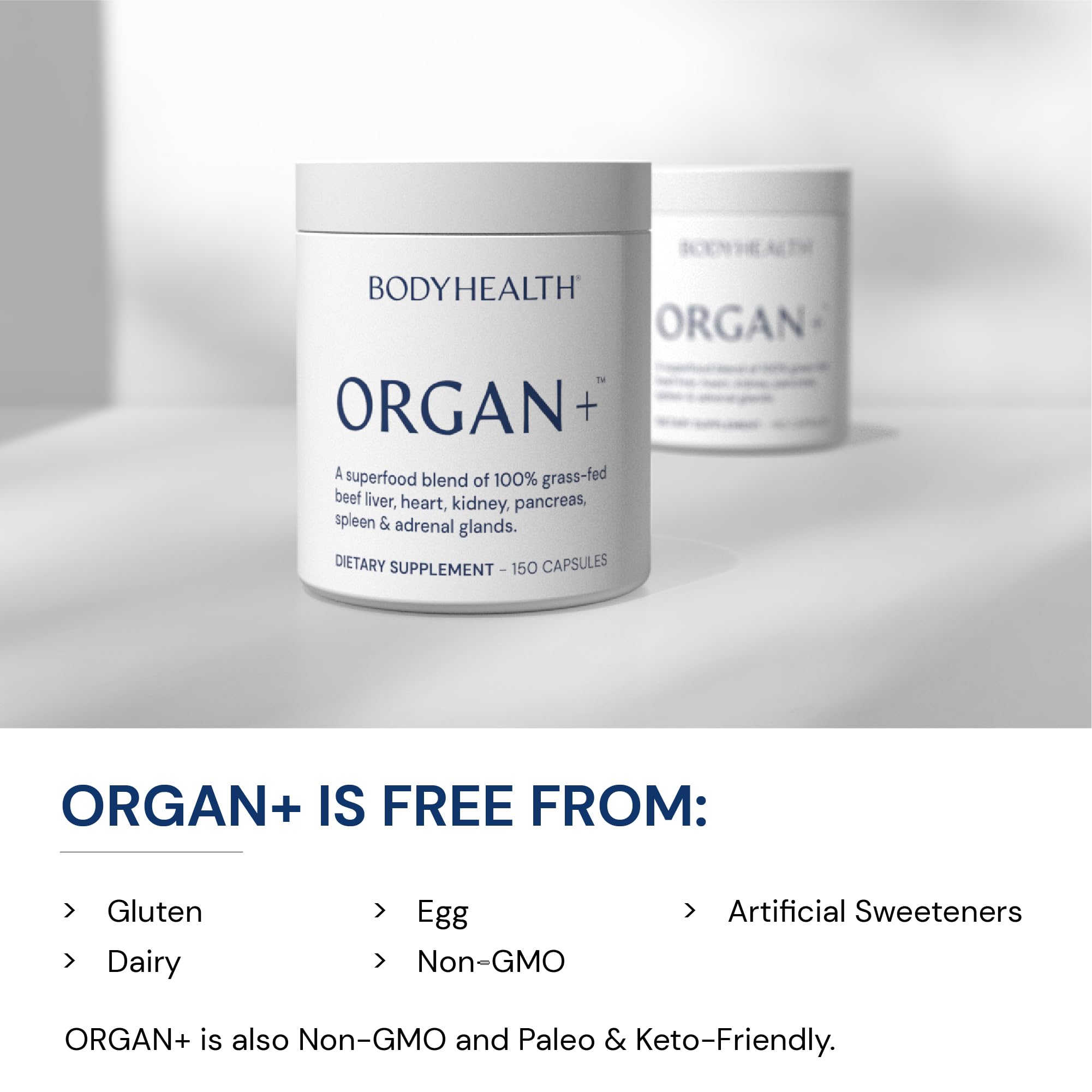 BodyHealth Organ+ Grass-Fed Glandular Organ Complex, Grassfed Beef Organ Supplement, Dessicated Beef Liver, Heart, Kidney, Pancreas, Spleen, Non GMO, Adrenal, Supplement, (150 Capsules) - TrustMedUSA