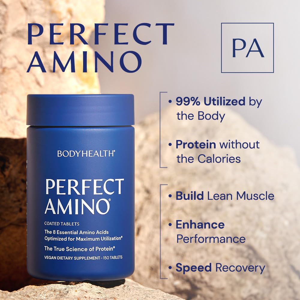 BodyHealth PerfectAmino (150 ct) Easy to Swallow Tablets, Essential Amino Acids Supplement with BCAAs, Vegan Protein for Pre/Post Workout & Muscle Recovery with Lysine, Tryptophan, Leucine, Methionine - Maple Wellness Supplements