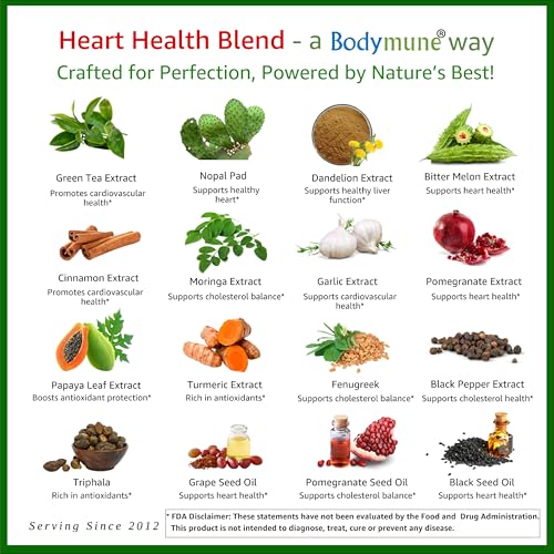 Bodymune Heart Health Blend Cholesterol Support – Organic Cardiovascular & Circulation Supplement – with Green Tea, Pomegranate & Black Seed Oil – 66 Capsules – USDA Organic, Vegan - TrustMedUSA