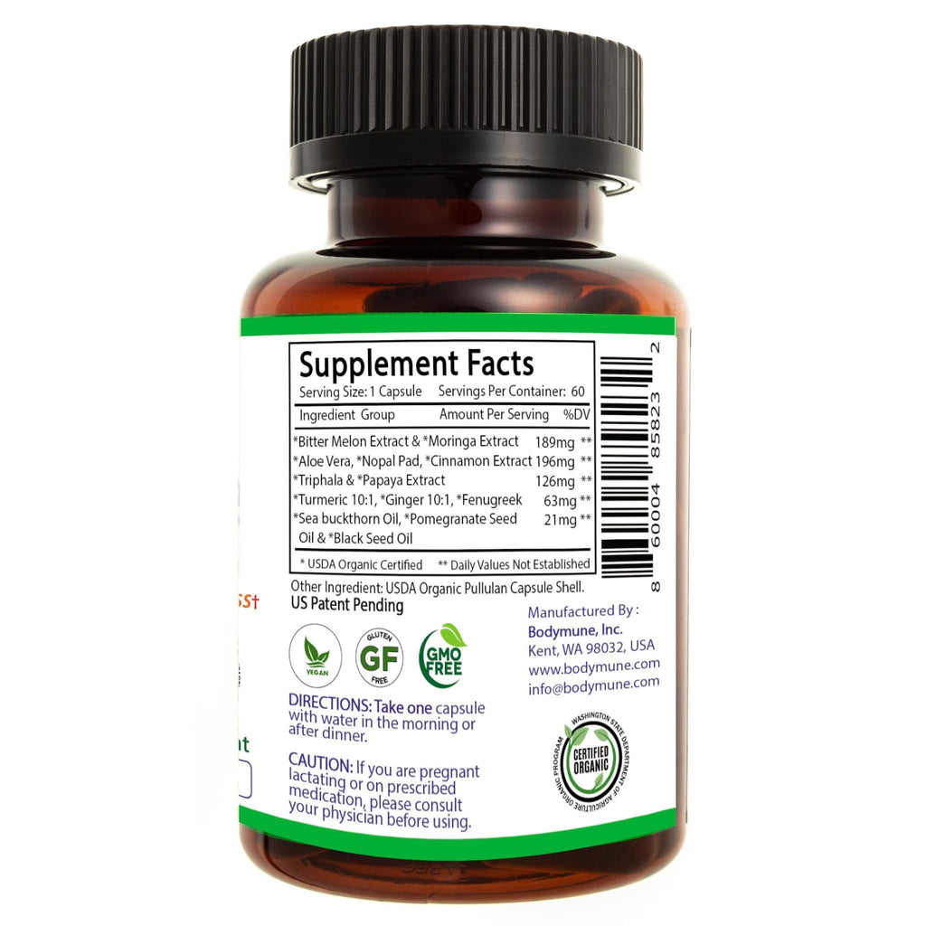 Bodymune USDA Organic Blood Sugar Blend | Supports Healthy Metabolism* | with Bitter Melon, Moringa, Aloe Vera, Nopal, Papaya Extracts & More | 60-Day Supply | Vegan & Non-GMO | USA-Made - TrustMedUSA