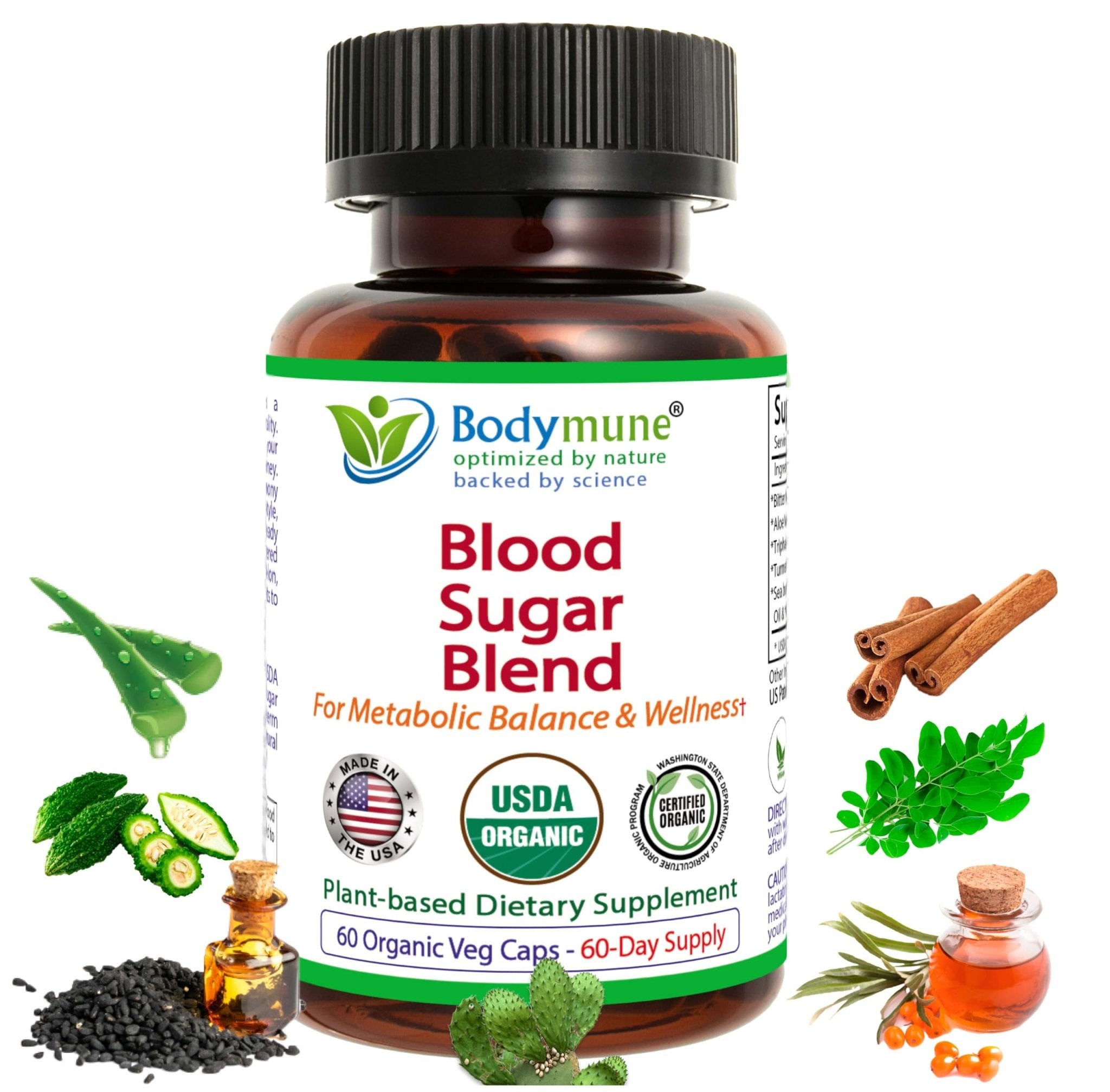 Bodymune USDA Organic Blood Sugar Blend | Supports Healthy Metabolism* | with Bitter Melon, Moringa, Aloe Vera, Nopal, Papaya Extracts & More | 60-Day Supply | Vegan & Non-GMO | USA-Made - TrustMedUSA