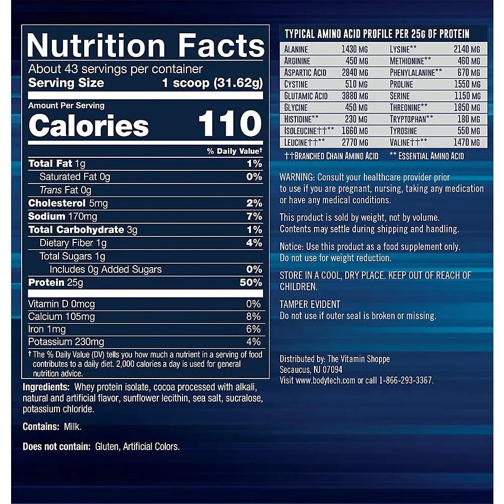 BODYTECH Whey Protein Isolate Powder - Rich Chocolate (3 lbs./43 Servings) - TrustMedUSA