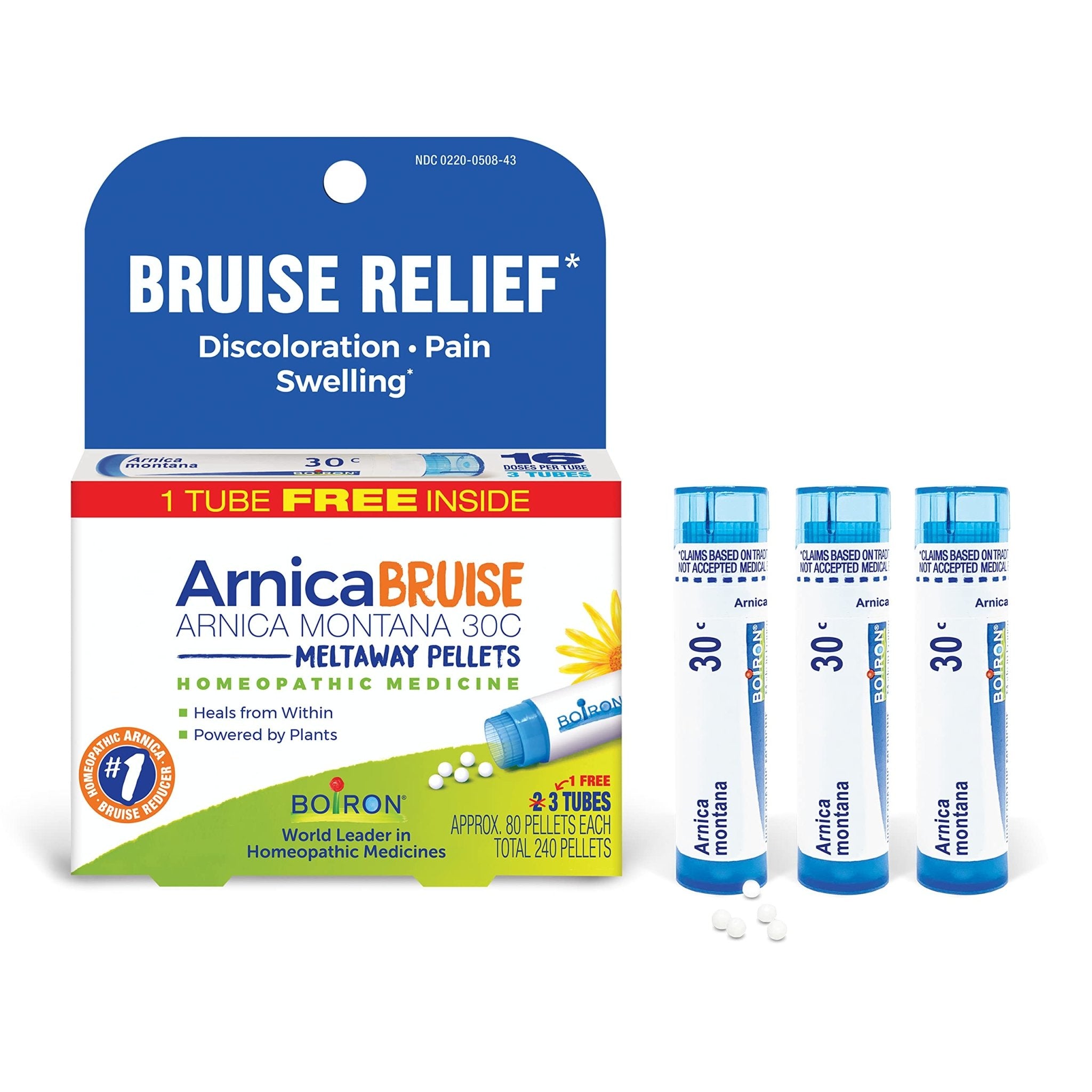 Boiron Arnica Bruise - Arnica Montana 30c for Relief of Pain, Swelling, and Discoloration from Bruises - 3 Count (240 Pellets) - TrustMedUSA