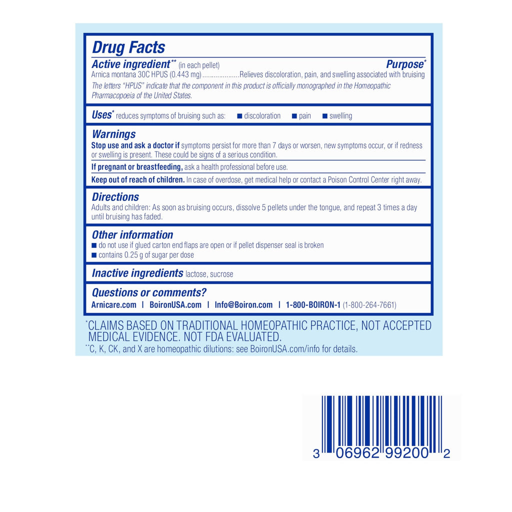 Boiron Arnica Bruise - Arnica Montana 30c for Relief of Pain, Swelling, and Discoloration from Bruises - 3 Count (240 Pellets) - TrustMedUSA
