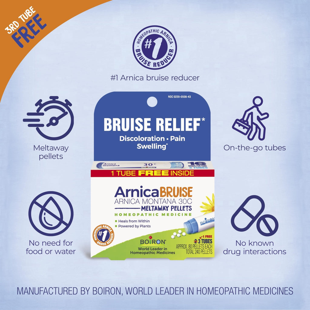 Boiron Arnica Bruise - Arnica Montana 30c for Relief of Pain, Swelling, and Discoloration from Bruises - 3 Count (240 Pellets) - TrustMedUSA