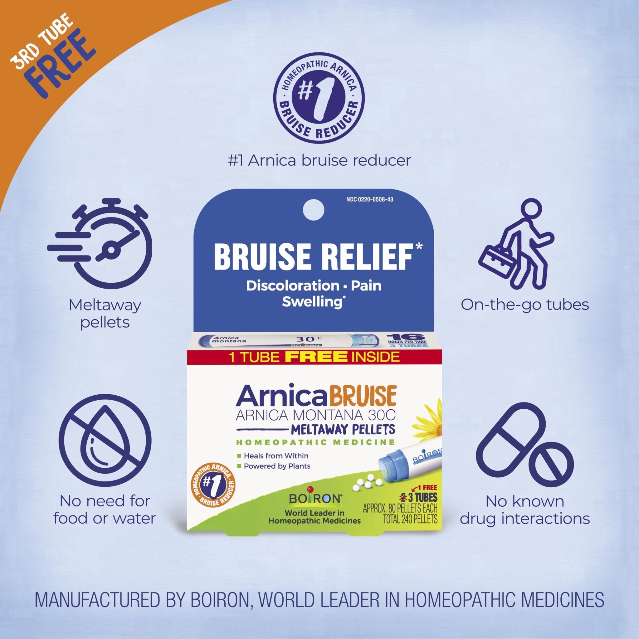 Boiron Arnica Bruise - Arnica Montana 30c for Relief of Pain, Swelling, and Discoloration from Bruises - 3 Count (240 Pellets) - TrustMedUSA
