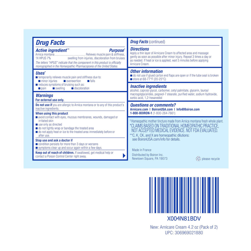 Boiron Arnicare Cream 4.2 oz (Twin Pack) for Joint Pain, Muscle Pain Relief, Swelling, Soreness, Stiffness, and Bruises - Fast Absorbing and Fragrance-Free Arnica - TrustMedUSA