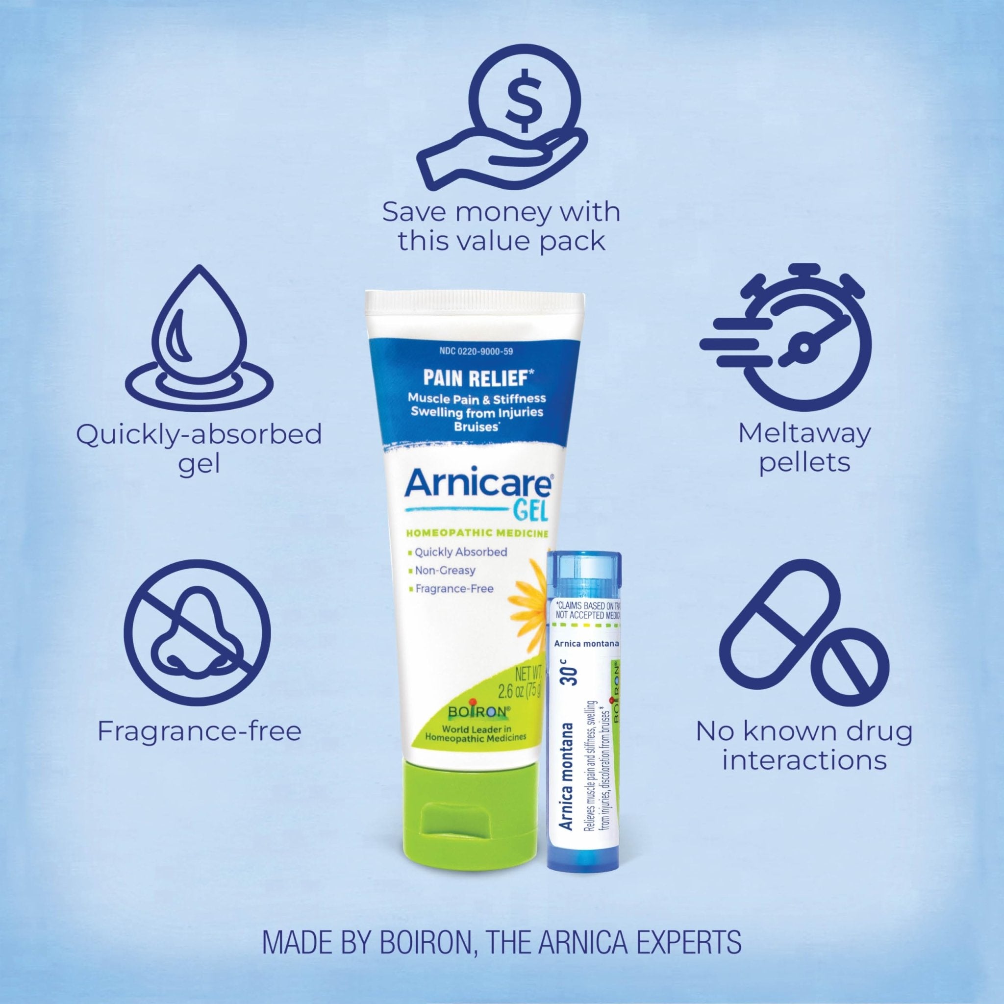 Boiron Arnicare Gel and Arnica 30c Value Pack for Pain Relief, Muscle Soreness, and Swelling from Bruising or Injury - 2.6 oz + 80 Pellet Tube - TrustMedUSA