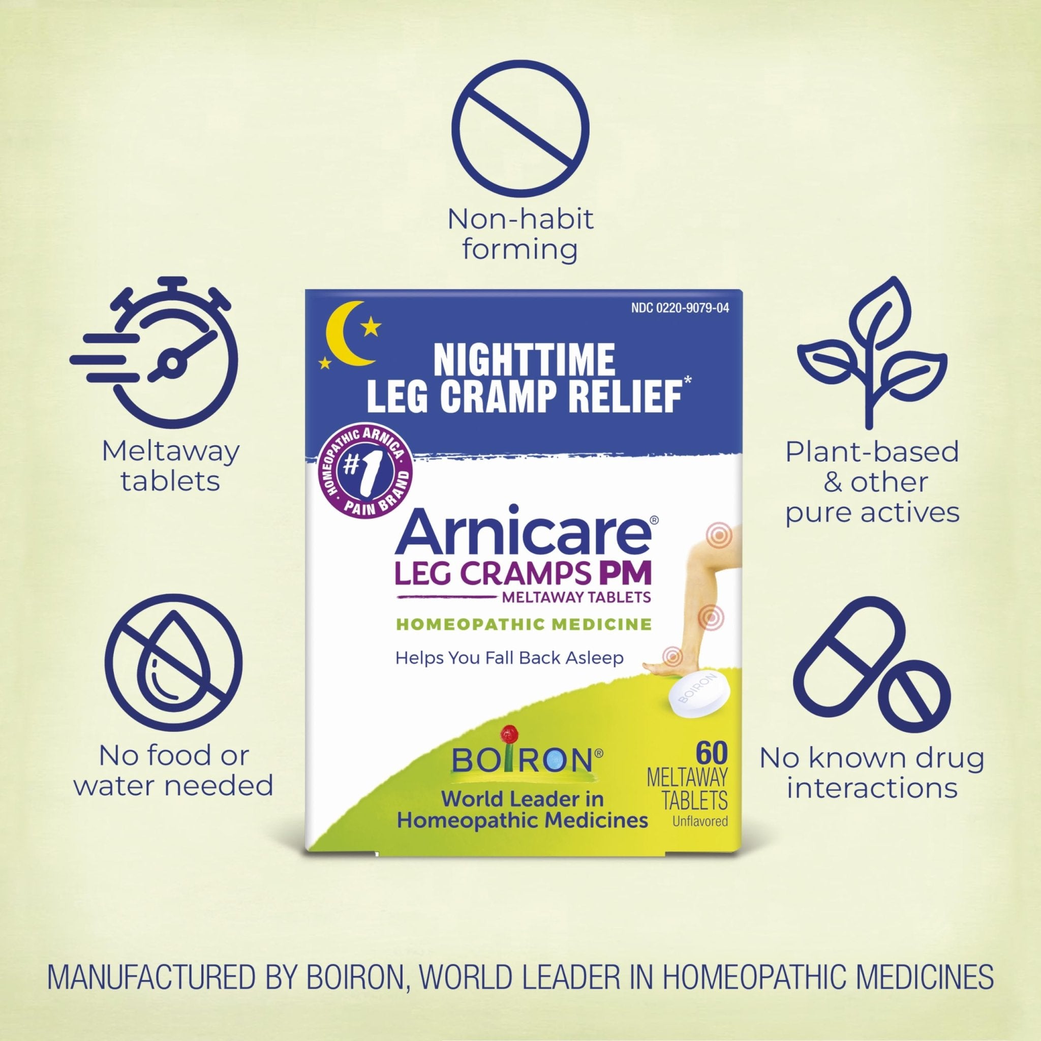 Boiron Arnicare Leg Cramps PM for Nighttime Relief from Cramping and Stiffness in Feet or Calves - 60 Tablets - TrustMedUSA