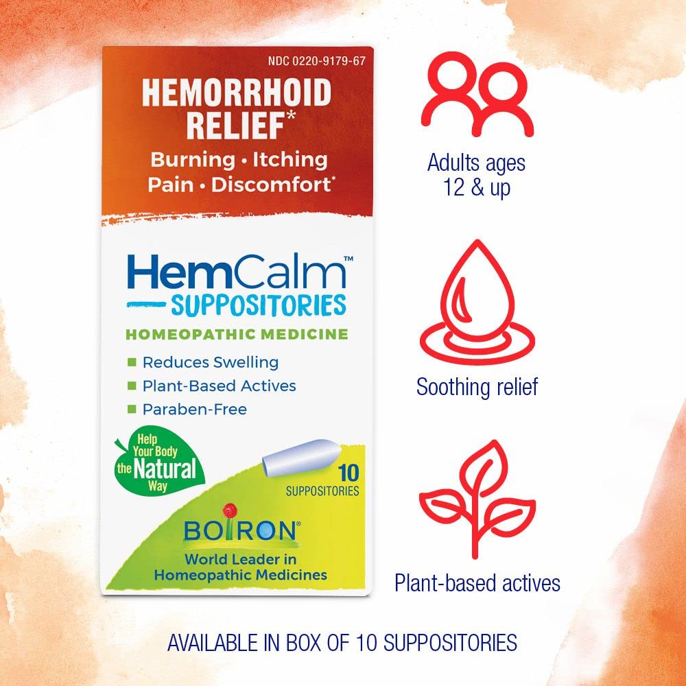 Boiron HemCalm Suppositories for Hemorrhoid Relief of Pain, Itching, Swelling or Discomfort - 10 Count (Pack of 2) - TrustMedUSA