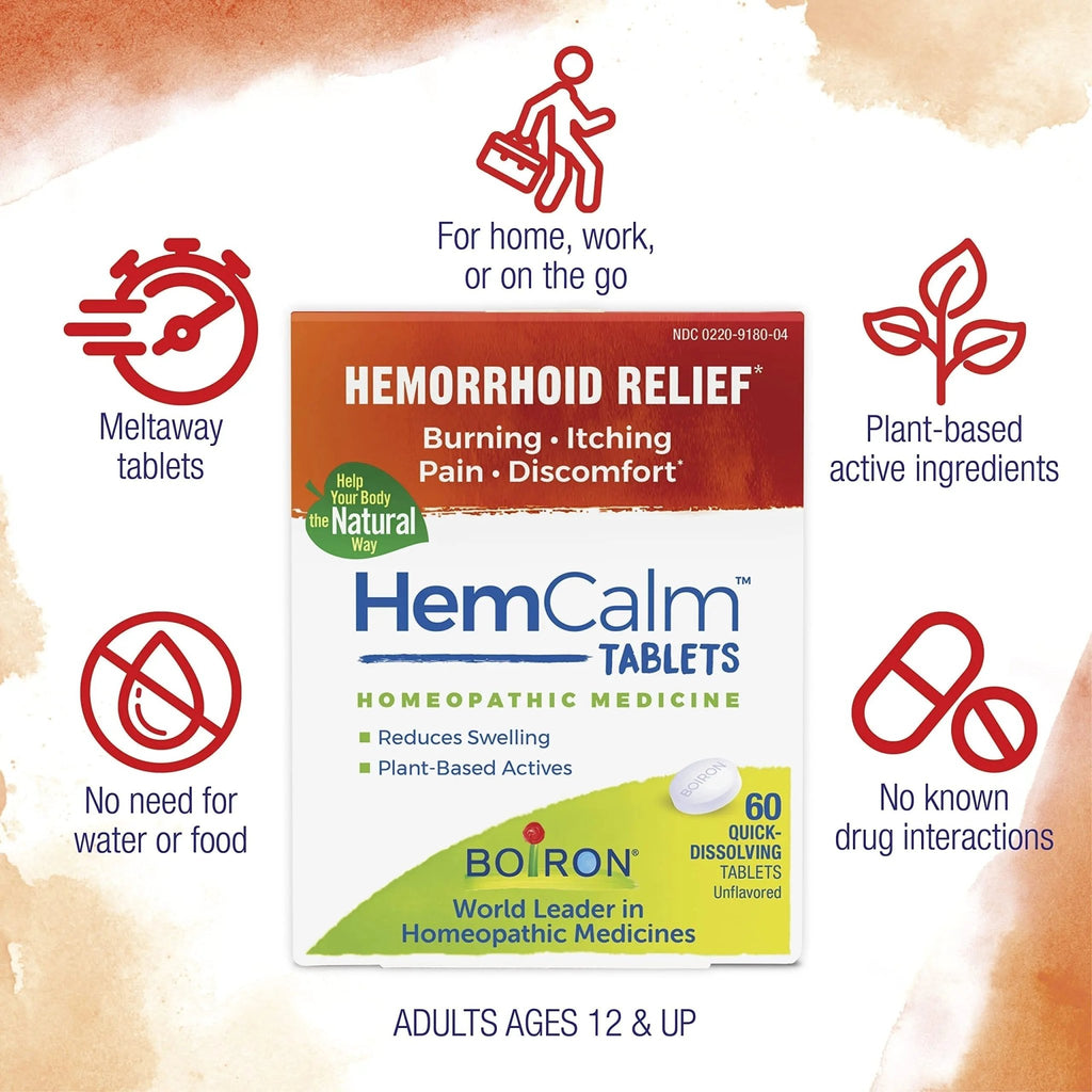 Boiron HemCalm Tablets for Hemorrhoid Relief of Pain, Itching, Swelling or Discomfort - 60 Count - TrustMedUSA