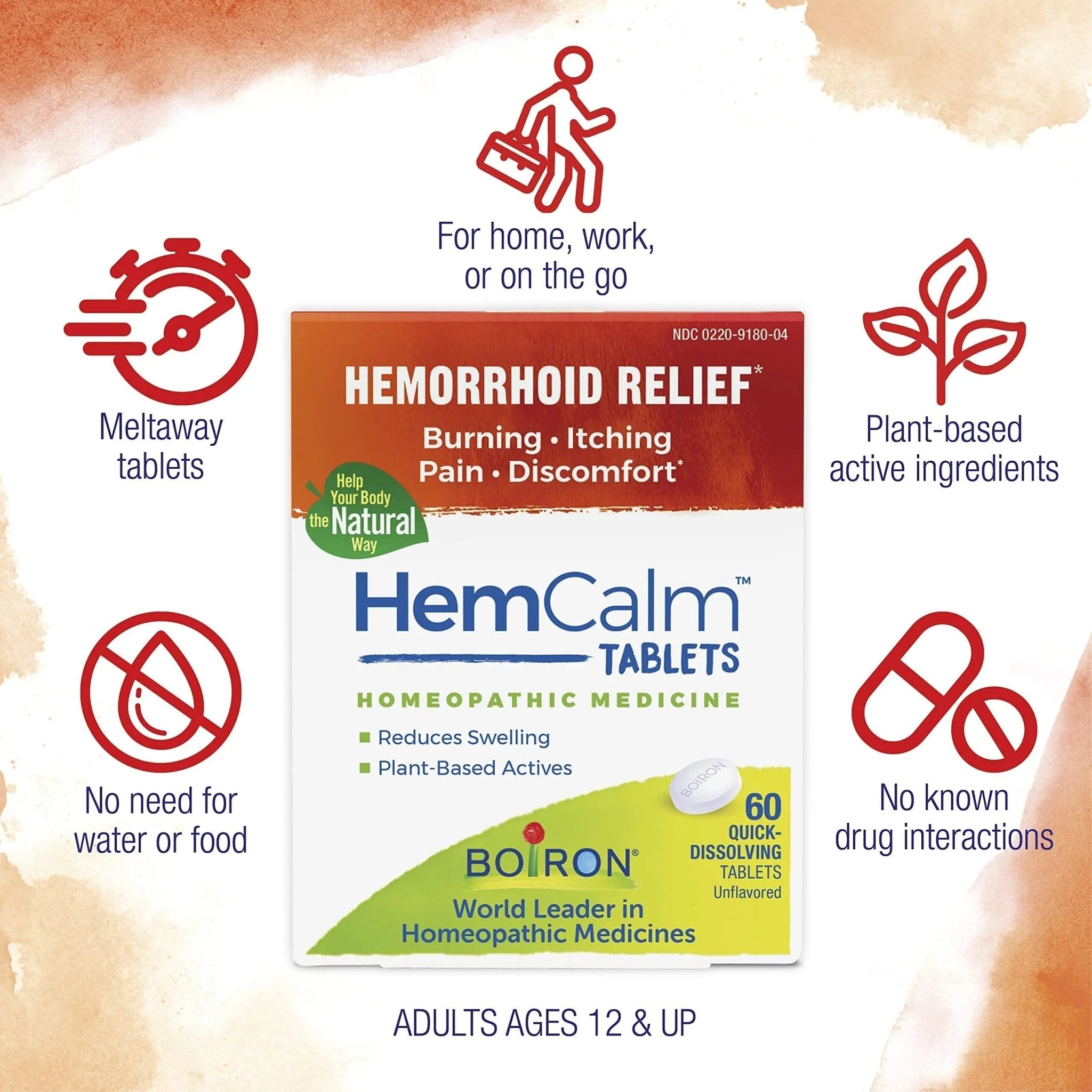 Boiron HemCalm Tablets for Hemorrhoid Relief of Pain, Itching, Swelling or Discomfort - 60 Count - TrustMedUSA