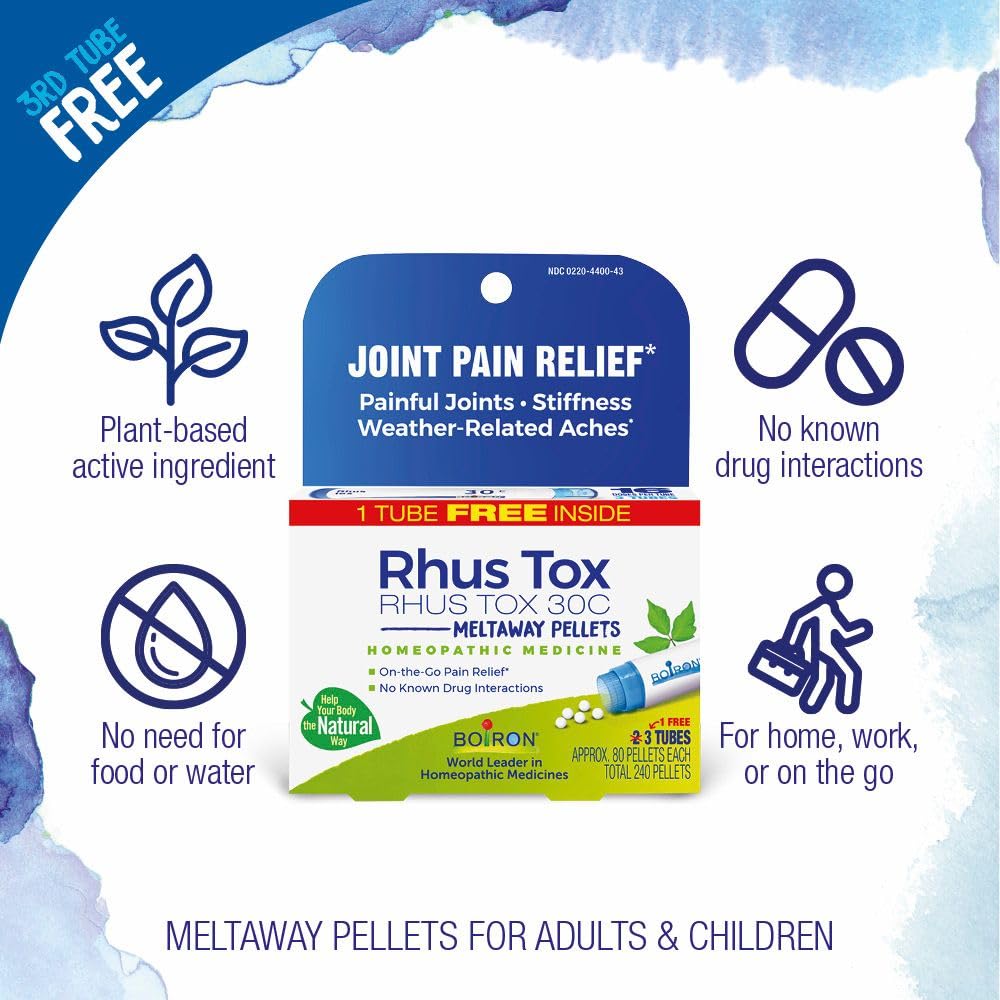 Boiron Rhus Tox 30C Homeopathic Medicine for Relief from Joint Pain, Muscle Aches, Swollen or Stiff Joints, and Weather Related Aches - 3 Count (240 Pellets) - TrustMedUSA