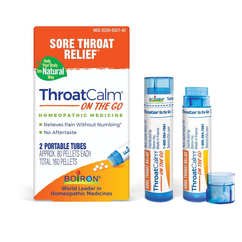 Boiron ThroatCalm On The Go Travel Essential for Relief of Sore Throat, or Scratchy, Red or Dry Throat, and Hoarseness - 2 Count (160 Pellets) - Maple Wellness Supplements