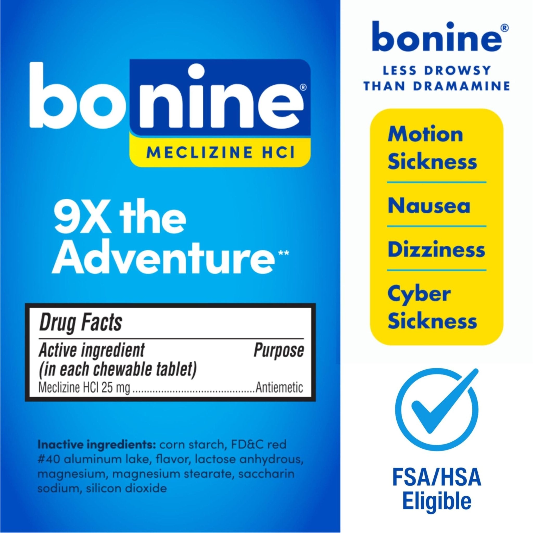 Bonine Non-Drowsy for Motion Sickness Relief, Sea Sickness, Car Sickness, Nausea, & Vomiting - Meclizine HCI 25mg, Travel-Sized - 16ct Raspberry Chewable Tablets (Packaging May Vary) - Maple Wellness Supplements